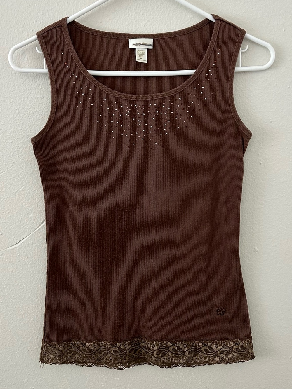 Vintage Y2K Limited Too Brown Ribbed Lace Trim Tank Top Girls 16 Bedazzled 2000s